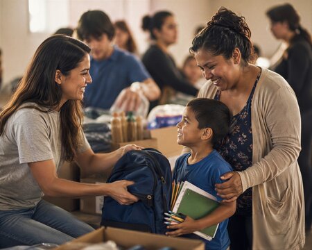 Volunteer woman giving backpack to boy with his mother. Charity donation event with school supplies for underprivileged child. Community support, education help and social assistance.