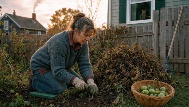 Woman gardener cleaning backyard in autumn. Senior lady works in garden, clearing dry plants and gathering harvest before winter. Moody rural life, seasonal housework and chores concept.