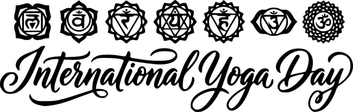 International Yoga Day elegant cursive calligraphy with seven chakra symbols icons row in black and white, combining sacred geometry and hand-lettered script for spiritual, meditation and wellness bra