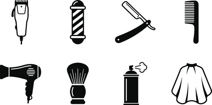 Barber and Hairdressing Tools Vector Icon Set, hair clipper razor comb brush spray bottle salon and grooming symbols