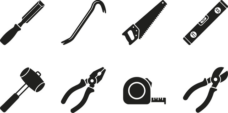 Carpentry and Repair Tools Vector Icon Set, chisel crowbar saw level pliers mallet measuring tape and construction symbols