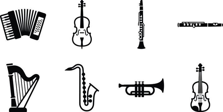 Musical Instruments and Performance Vector Icon Set, accordion violin clarinet harp saxophone trumpet banjo and orchestra symbols