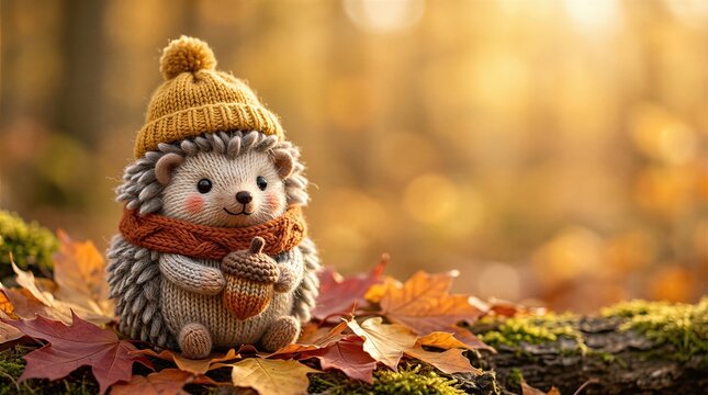 Knitted hedgehog wearing a hat and scarf holding an acorn on a log with autumn leaves. Cozy forest background for text. Fall season mood and cute woodland animal theme concept.