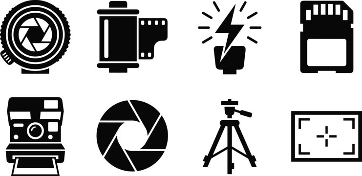 Photography Studio and Camera Equipment Vector Icon Set, lens flash tripod camera roll lighting stand and professional shooting symbols