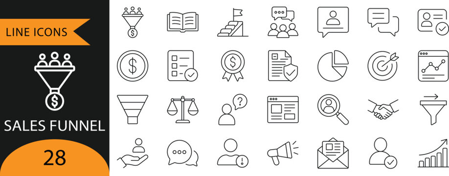 
Sales Funnel Line Icons Set for Lead Generation and Conversion Pipeline
