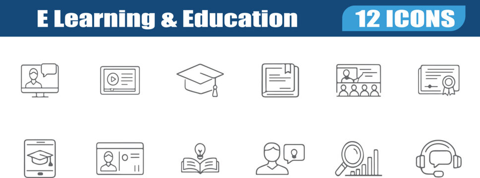 Modern E Learning and Education line icon set featuring 12 clean editable vector icons in a minimal outline style. Includes online class, digital learning, virtual classroom, certificate, ebook, gradu