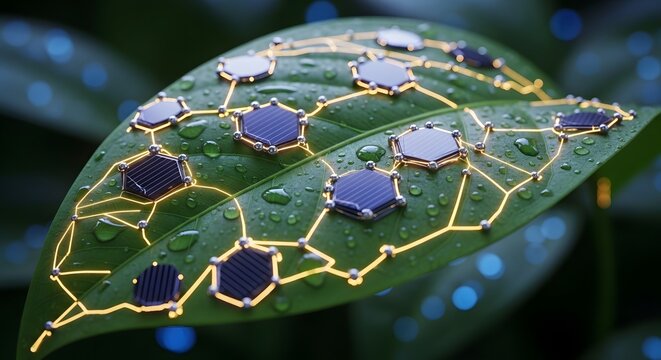 Futuristic hexagonal solar cells integrated onto a wet green leaf forming a glowing network symbolizing bio tech innovation and sustainable