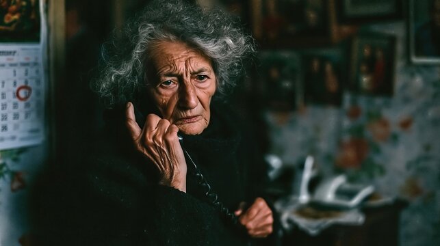 Sad elderly woman talking on corded phone in dimly lit room. Senior person feeling lonely and isolated at home. Concept of aging, social isolation, depression in old age, grief, nostalgia.