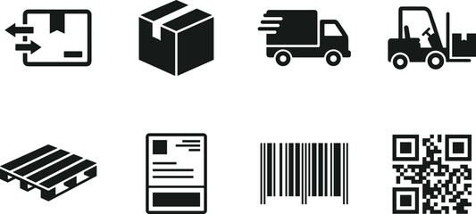 Logistics Shipping and Warehouse Operations Vector Icon Set, pallet package delivery truck forklift barcode QR code and cargo handling symbols © ArtMint