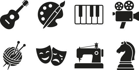 Creative Arts and Music Instruments Vector Icon Collection, guitar piano palette film camera yarn theater masks sewing machine and entertainment symbols © ArtMint