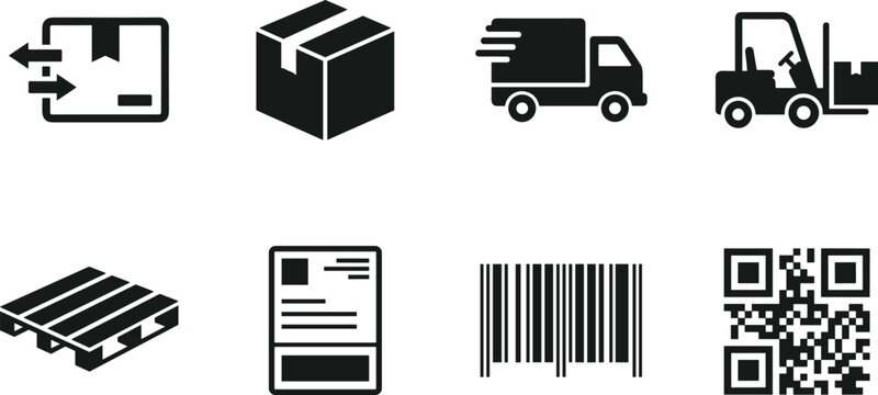 Logistics Shipping and Warehouse Operations Vector Icon Set, pallet package delivery truck forklift barcode QR code and cargo handling symbols