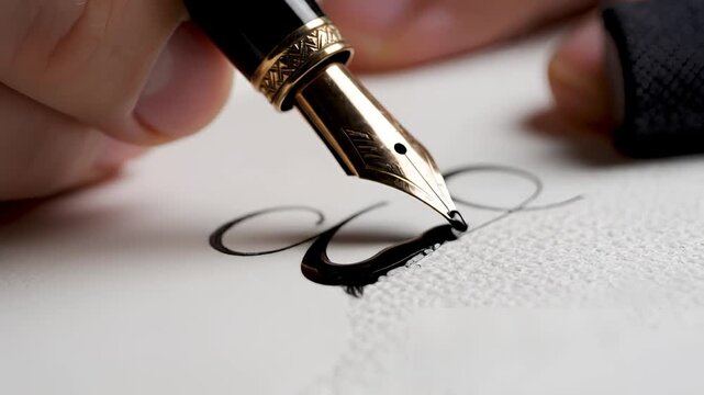 Close up of a person writing with a fountain pen on paper.