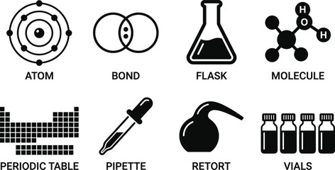 Chemistry and Molecular Structure Vector Icon Set, atom bond flask molecule periodic table pipette retort and laboratory vial symbols