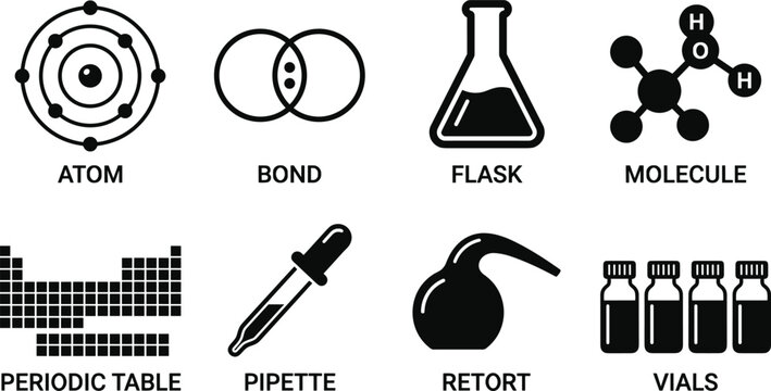 Chemistry and Molecular Structure Vector Icon Set, atom bond flask molecule periodic table pipette retort and laboratory vial symbols