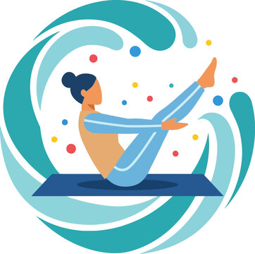 Woman silhouette practices boat pose on a yoga mat with abstract water-inspired shapes and colorful floating dots.