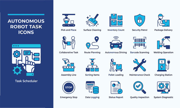 Autonomous robot task icons for industrial automation and smart factory technology, modern flat line vector set