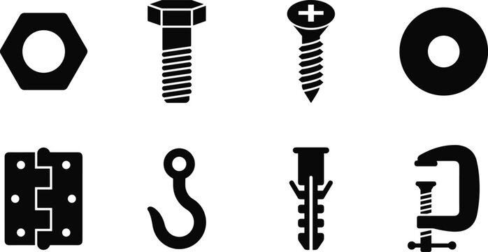 Mechanical Fasteners and Industrial Hardware Vector Icon Collection, nut bolt screw washer hinge hook anchor and metal fixing components