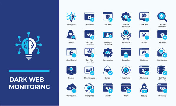 Dark web monitoring and cybersecurity icons for digital security, flat vector ui symbols