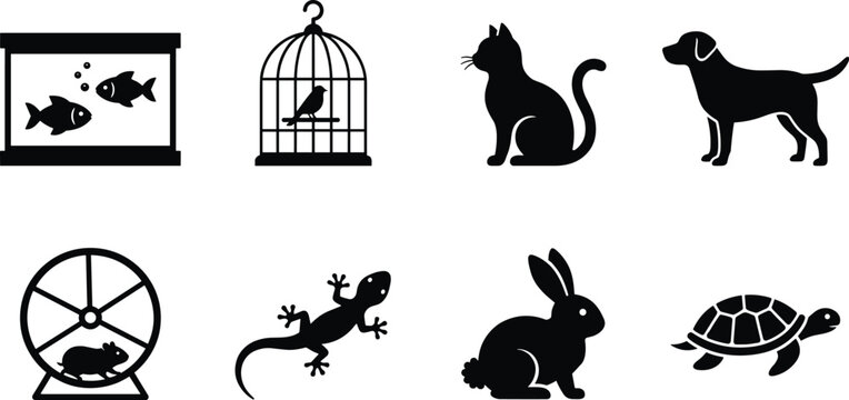Domestic Animals and Household Pets Vector Icon Set, fish tank bird cage cat dog hamster lizard rabbit turtle and small animal care symbols