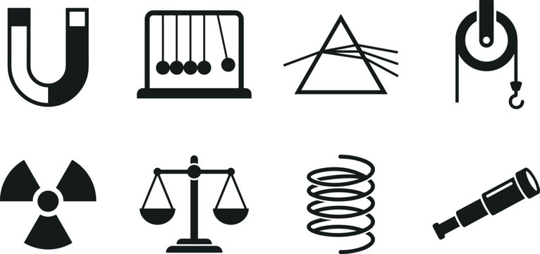 Physics and Scientific Instruments Vector Icon Collection, magnet pendulum prism radiation scale spring crane hook and laboratory experiment symbols