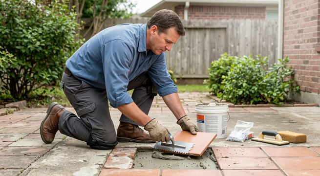 Man tiling outdoor patio floor. Professional worker installing ceramic tiles in backyard renovation