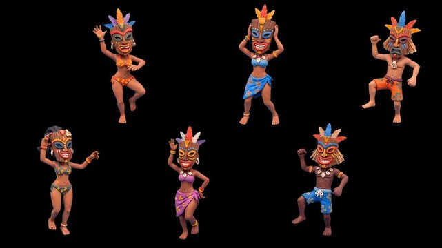 Cute Tribal Tiki Voodoo Dancers Animation Pack and masks, stylized 3D Cartoon Island Characters Dancing on Black Background in 4K