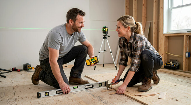 Smiling couple using laser level for floor renovation. Home improvement project in a house under construction