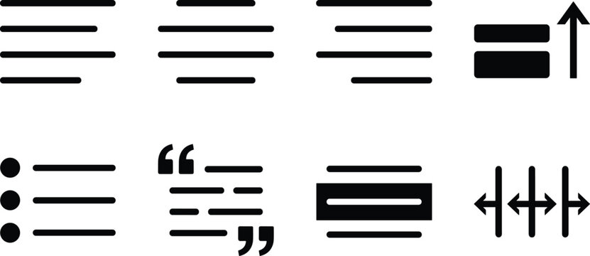 Text Formatting and Alignment Vector Icon Set, paragraph spacing indent list bullet justify center align and typography editing symbols for document design