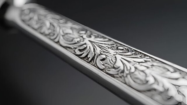 Closeup of ornate metal engraving on a vintage object.