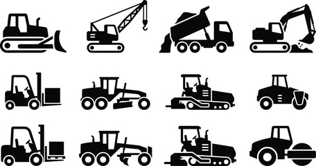 Construction Vehicles and Heavy Machinery Vector Icon Collection, excavator bulldozer crane dump truck forklift and industrial transport equipment symbols © ArtMint