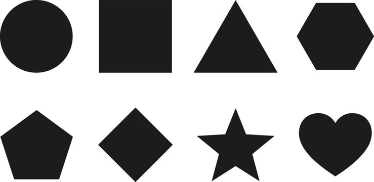 Basic Geometric Shapes Vector Icon Set, circle square triangle hexagon pentagon star heart and simple polygon symbols for educational and graphic design use