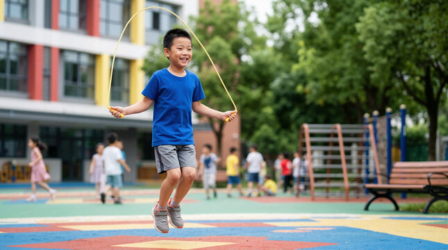 Young Chinese boy jumping rope on a school playground. Active child exercising outdoors