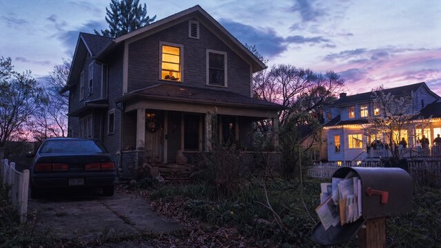 Lonely old man sitting alone in a dark house at twilight. Senior widower feeling sad and isolated in his residence while neighbors celebrate. Psychological concept of aging and solitude.