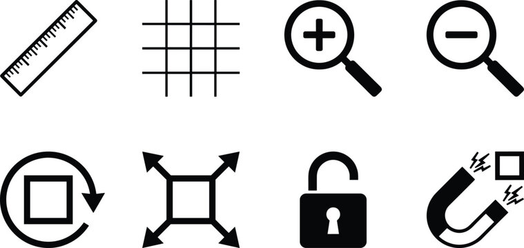 Editing Tools and Graphic Adjustment Vector Icon Collection, ruler grid zoom in zoom out crop rotate lock unlock and precision layout symbols for creative software