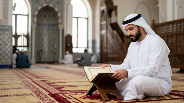 Arab man reading the Quran in a mosque. Religious and spiritual concept