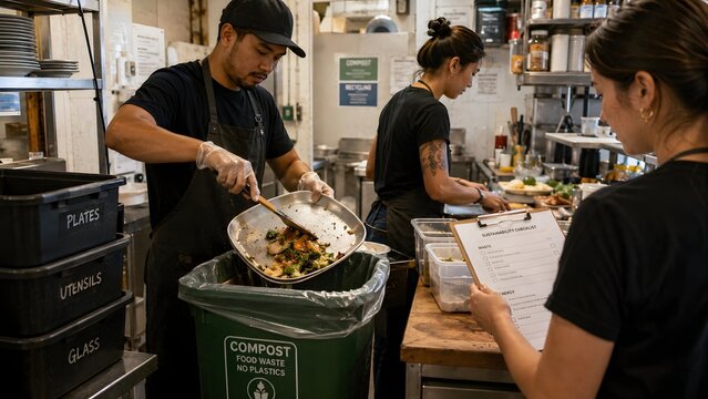 Kitchen team preparing organic waste for compost
