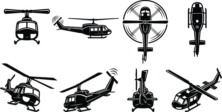 UH-1 Huey Iroquois Helicopter Bold Graphic Illustration Set 8 Views Front Side Top Isometric Vector