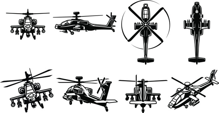AH-64 Apache Attack Helicopter Bold Graphic Illustration Set 8 Views Front Side Top Isometric Vector