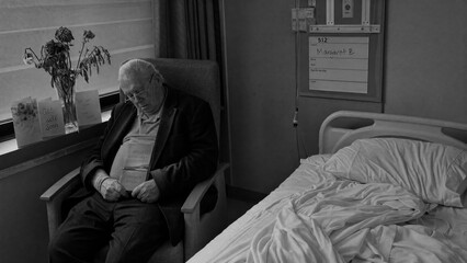 Fototapeta premium Elderly man sleeping in chair beside hospital bed. Lonely senior patient resting in clinic room with get well soon card. Concept of aging, solitude, grief, and medical care support.