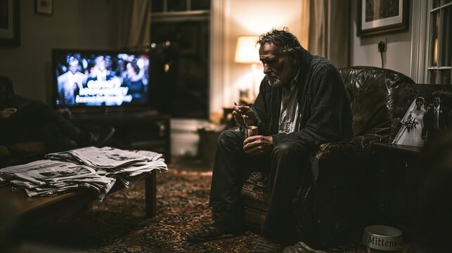 Elderly man eating canned food while sitting alone in living room at night. Senior male feeling sad and lonely at home. Concept of depression, loss, grief and aging in isolation.