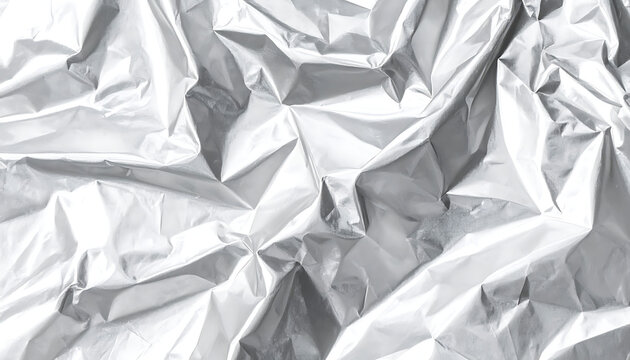 Crinkled metallic foil surface with sharp geometric folds and reflections, abstract texture background