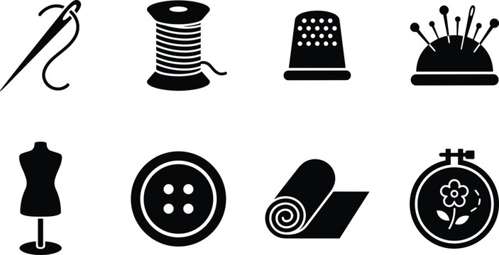 Sewing and Tailoring Equipment Vector Icon Set, needle thread spool thimble button measuring tape dress form and textile craft symbols for fashion workshop design
