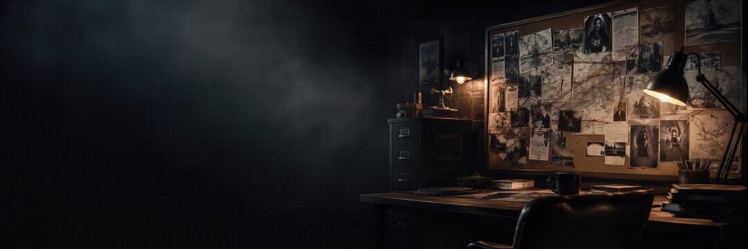 True crime investigation board with evidence photos and string on dark background with copy space. Detective office with lamp, desk and mystery clues for police case solving concept.