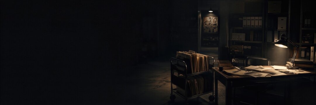 Dark office with desk and metal cart full of case files for detective investigation. True crime documentary background with copy space for text. Moody cinematic film set lighting.