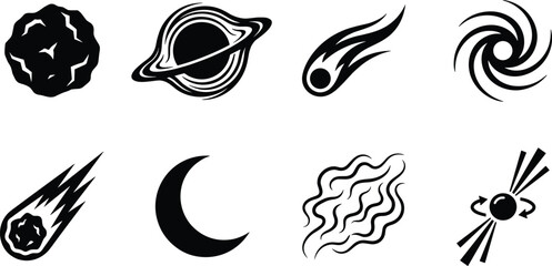Cosmic Objects and Astronomy Vector Icon Set, planet ring comet asteroid galaxy swirl meteor moon star and deep space universe symbols for science design © ArtMint