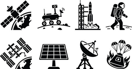 Space Exploration and Satellite Technology Vector Icon Collection, astronaut rocket rover space station solar panel telescope and interstellar research symbols © ArtMint