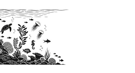 Underwater marine life scene with sea creatures and coral reef in engraving style. © Muhammad Rezki