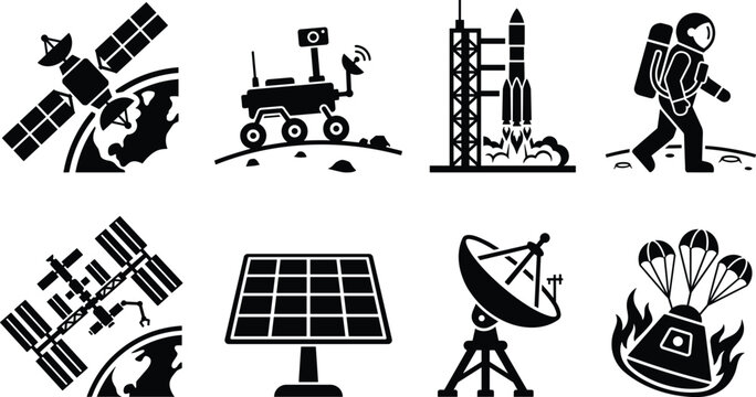 Space Exploration and Satellite Technology Vector Icon Collection, astronaut rocket rover space station solar panel telescope and interstellar research symbols