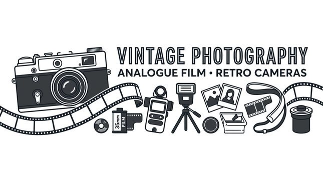 Vintage photography equipment illustration with retro film cameras and accessories.