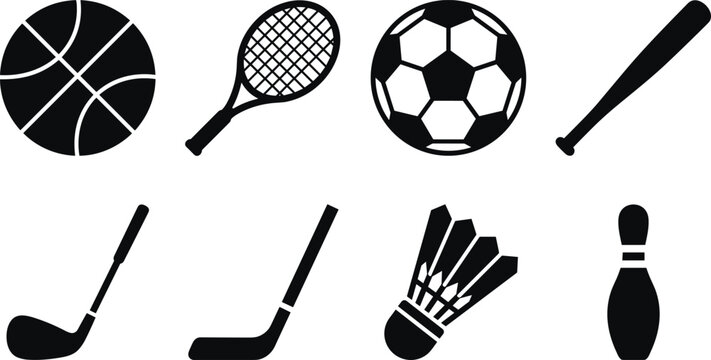 Sports Equipment and Athletic Games Vector Icon Collection, basketball tennis racket soccer ball baseball bat hockey stick shuttlecock and fitness competition symbols